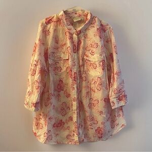St. John's Bay White Button-Front Shirt with Red Floral Print